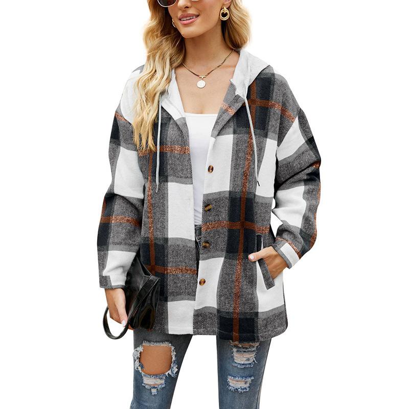2022 Amazon women s clothing autumn and winter new models, cross-border European and American women s plaid jacket hooded casual loose shirt S