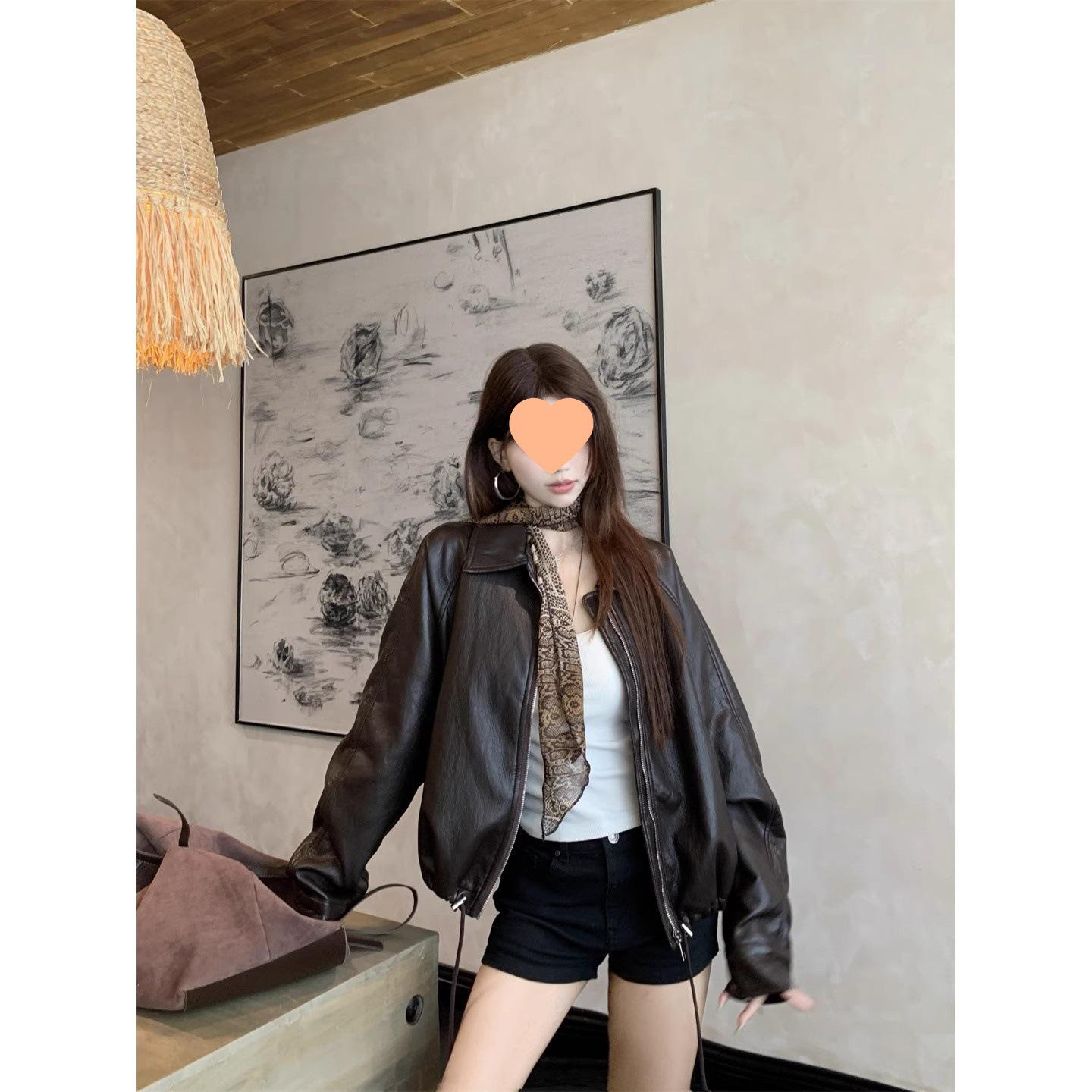 

Женская шикарная американская ретро куртка из ПУ кожи с лацканами - Осенняя, с длинным рукавом, свободный и стройнящий дизайн 2XL