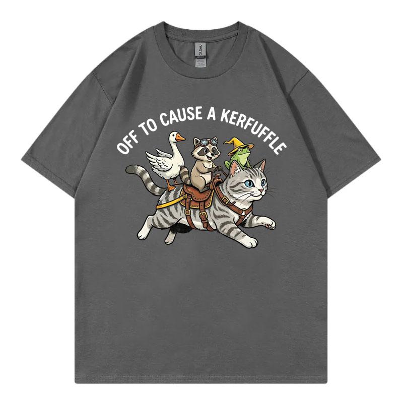 Off To Cause A Kerfuffle Funny Meme TShirt Frog Raccoon Goose Riding Cat Graphic T Shirts Unisex Unisex Fashion Cartoon TShirts