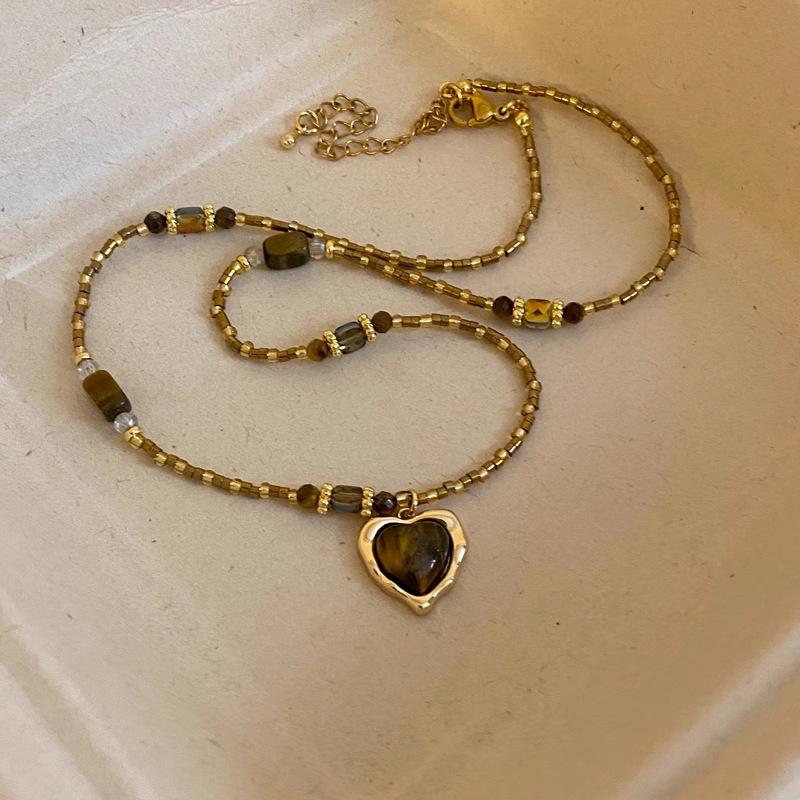 

Винтажное ожерелье «Тигровый глаз» - Коричневый круглый кулон для осенне-зимней моды, Элегантная женская цепочка для свитера во французском стиле