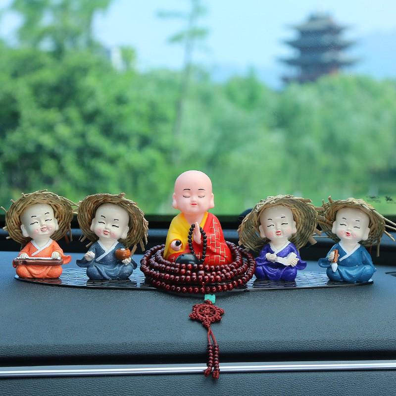 Solar Powered Monk Car Decor Figurine Dashboard - Buddhist Zen Ornament With Wooden Fish Plastic Craft 5 Style Combos