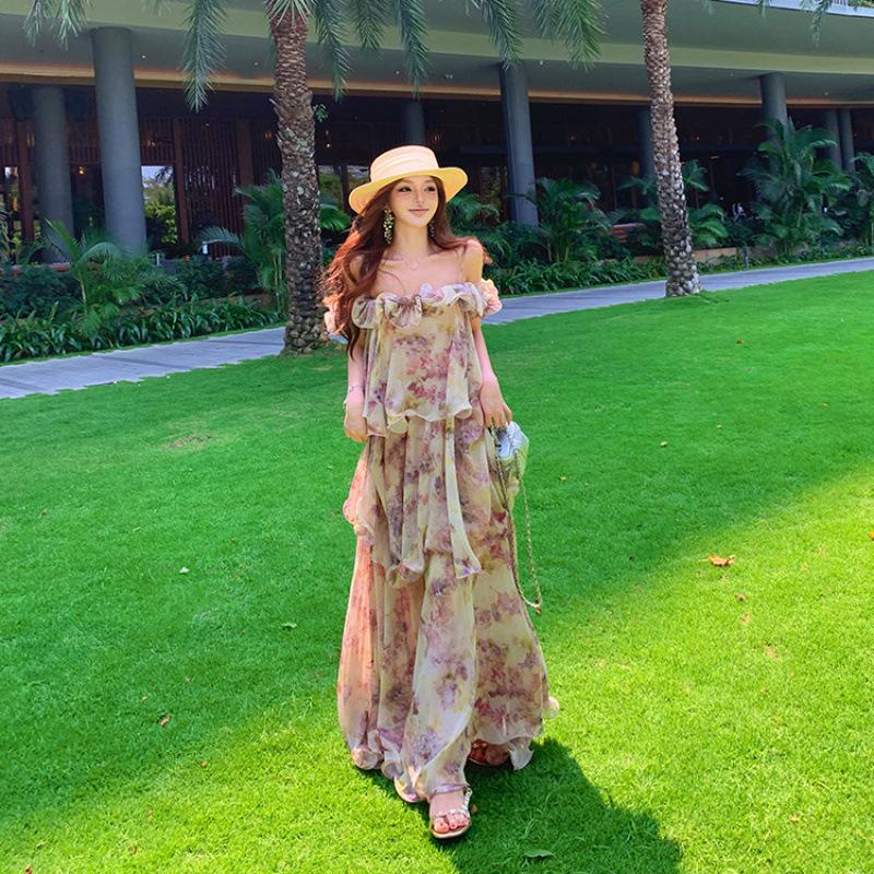 French floral off-the-shoulder suspender dress chiffon long dress seaside vacation beach cake dress summer