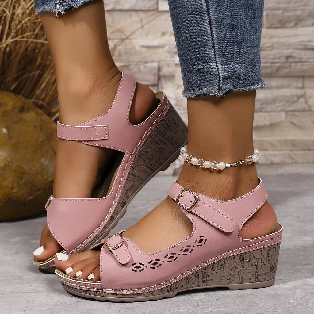 New sandals women's wedge heel Velcro thick sole large size one-word sandals