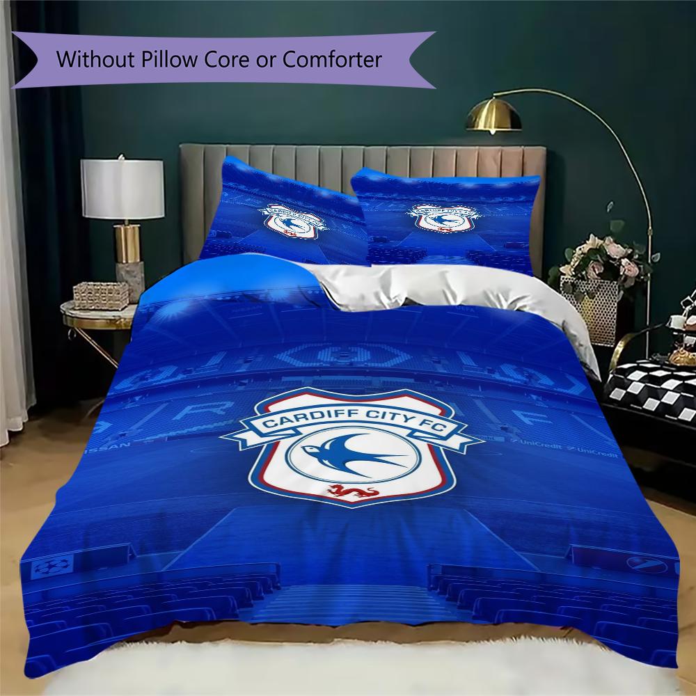Cardiff City FC Pattern Bedding Uilt Set Uilt Cover Pillowcase Home Decoration Birthday Gift (1 * Duvet Cover + 2 * Pillowcase Without Core)