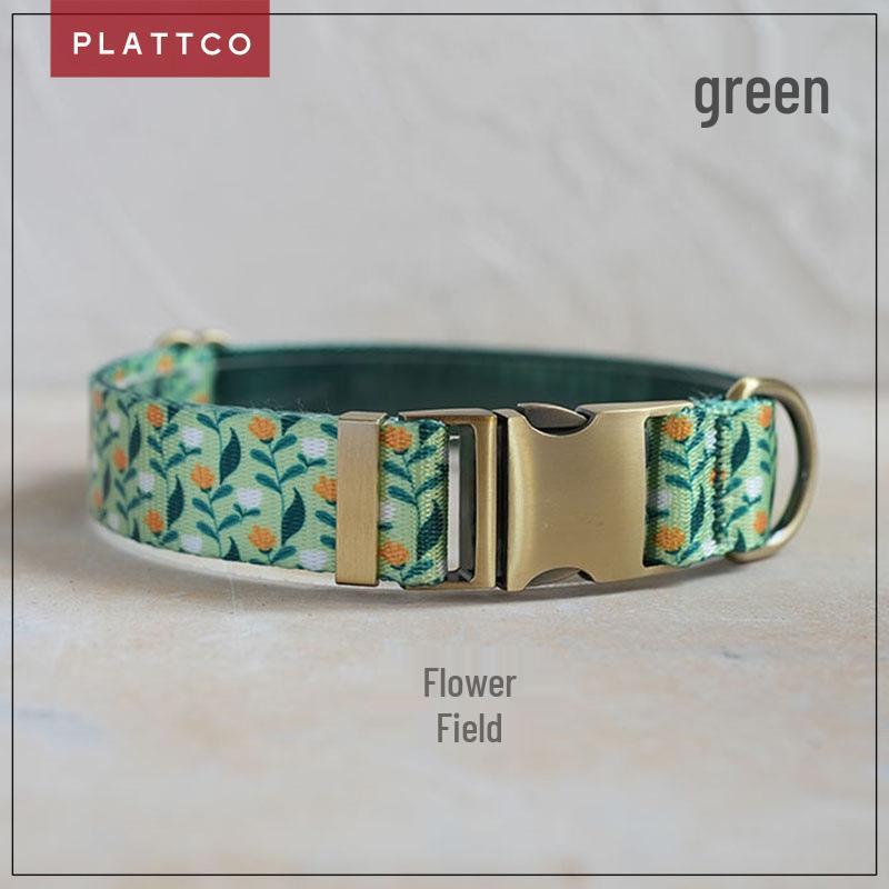 PLATTCO Imitation Nylon Webbing Dog Collar with Flower Field Print and Anti-Loss Engravable Tag XS 1.5cm (23-30cm)