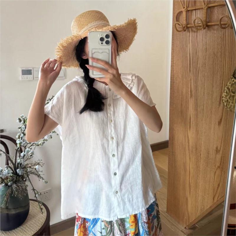 Johnature Simple Shirts Women Summer Mori Vintage Casual Ruffles Collar Loose Solid Color Short Sleeve Female Tops