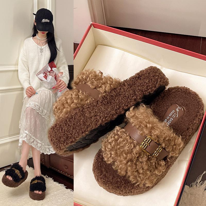 Teddy Curly Hair~ Hong Kong Style Versatile One-Word Cotton Slippers Women's Fashion Outer Wear Platform 2025 Mao Mao Shoes Women's Mao Slippers