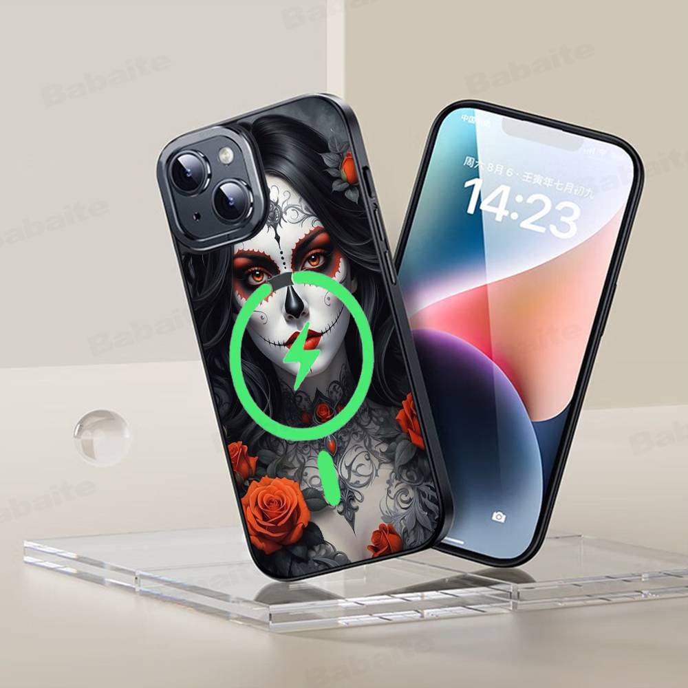 Catrina Beautiful Rose Girl Skull Phone Case Magnetic Case For iPhone 17 16 15 14 13 12 11 For Magsafe Wireless Charge Cover
