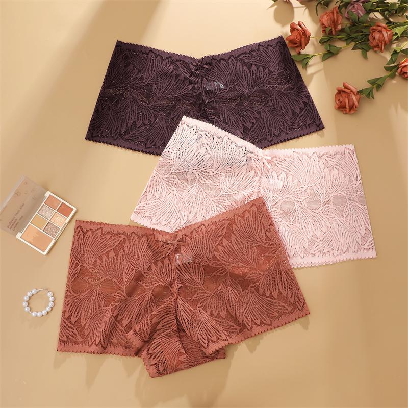 FINETOO 3 Stück Damen Spitze Floral Boyshort Sexy Hollow Out Unterwäsche Niedrige Taille Atmungsaktive Slips Mädchen Weiche Transparente Lingerie