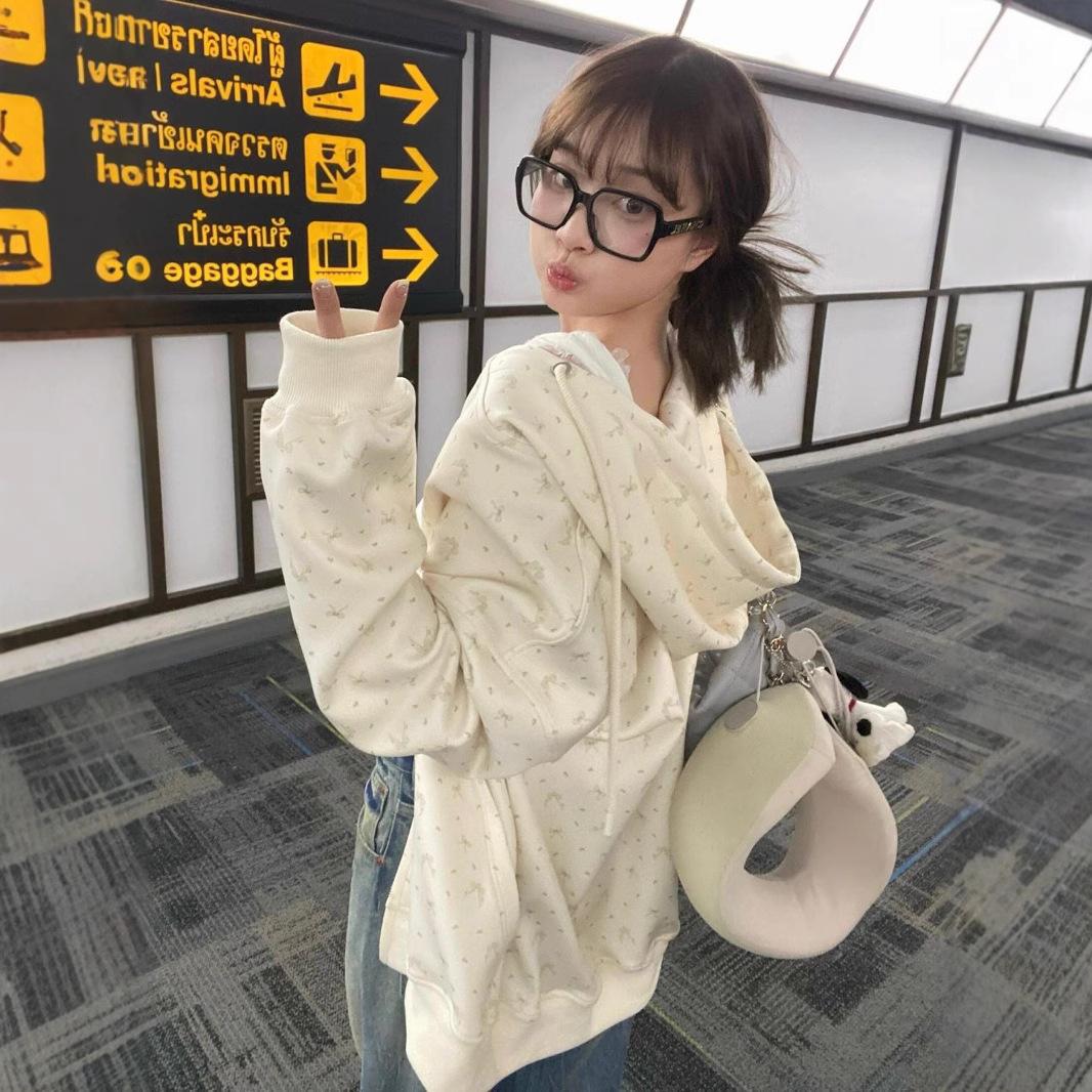 

Hooded Sweatshirt for Women In Autumn and Winter New Casual Zipper Sports Jacket Lazy Retro Bow Hoodie S