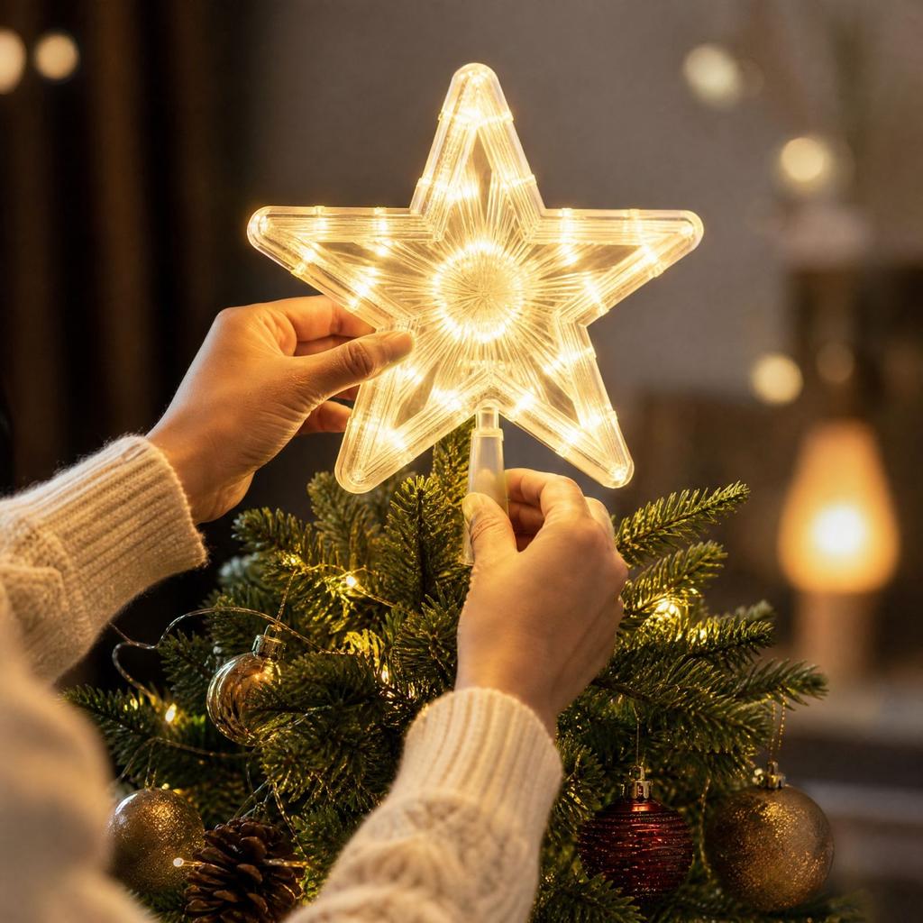 Christmas Tree Topper Star with Lights, Glitter- Five-Pointed Star Holiday Decoration