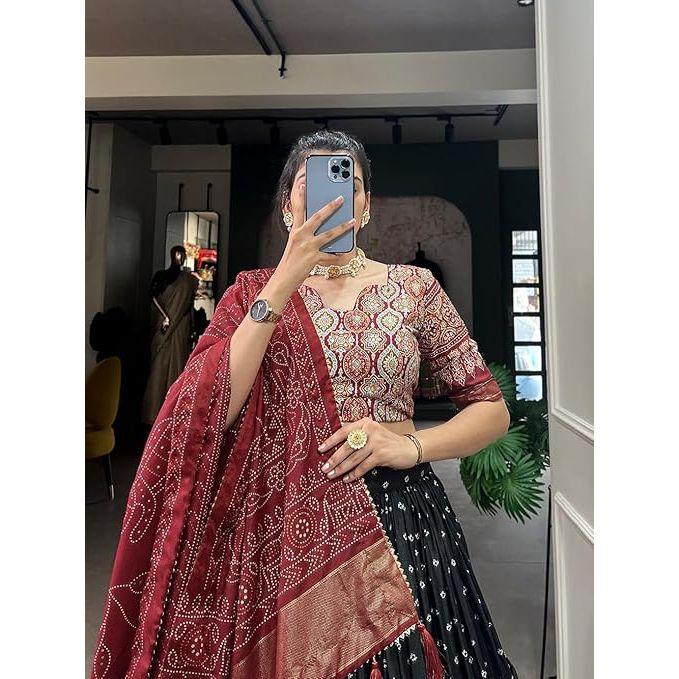 Dámská dokonale Kolekce Tussarové hedvábí Lehenga Choli Patola potisk s fóliovou prací, Nesešitá halenka,