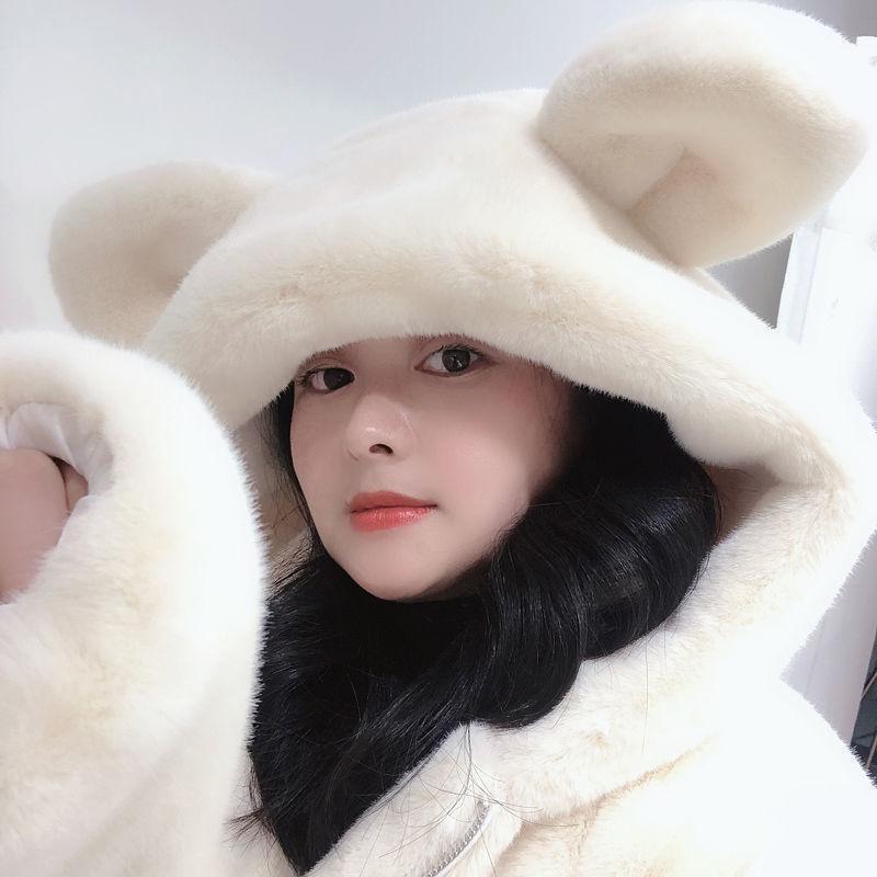 Autumn and winter imitation mink fur coat cute bear ears plush thickened loose medium and long coat women