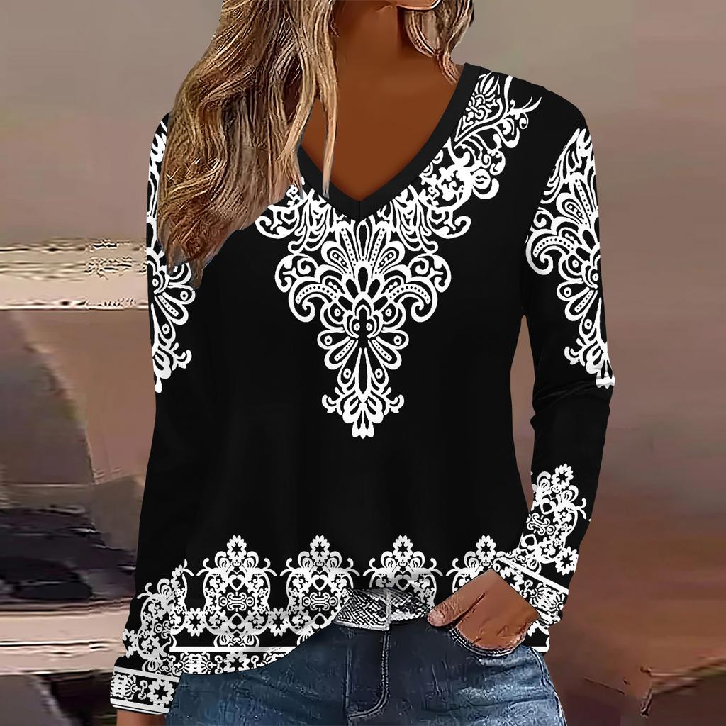 Fashion Geometry Flower Pattern 3D Print Women V-Neck Long Sleeve T-Shirt Casual Breathable Women's Clothing Apparel Tops Tees
