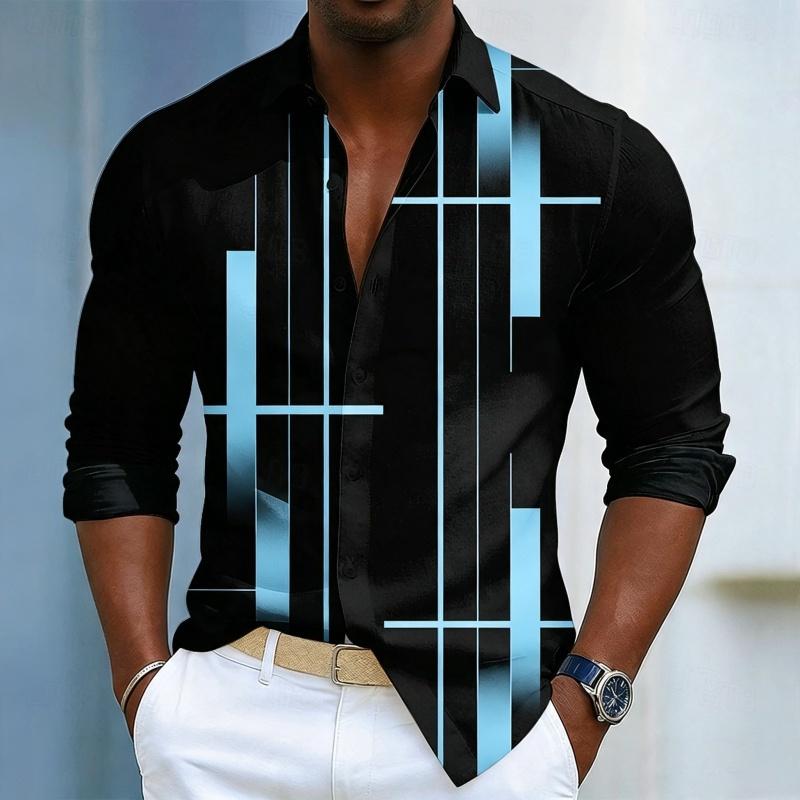 Men's shirt with black geometric line printed long sleeved shirt, high-quality business casual loose flap cardigan