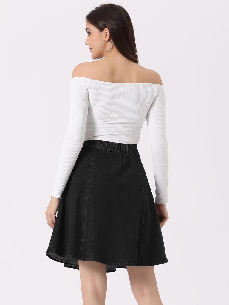 Allegra K Mini Skirt, Denim Skirt, Summer Pleated Skirt, Slimming, Stretchy, A-Line, Elegant, High-Waisted, Casual, Women's, Black, XL