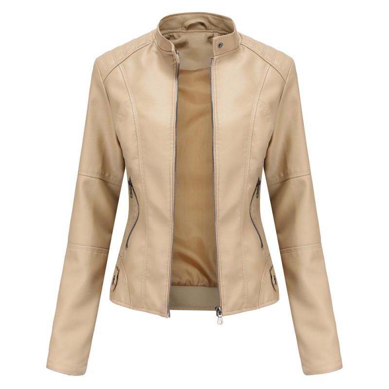 Damen Schlanke Passform PU Lederjacke Stehkragen Motorrad Stil Oberbekleidung Leicht