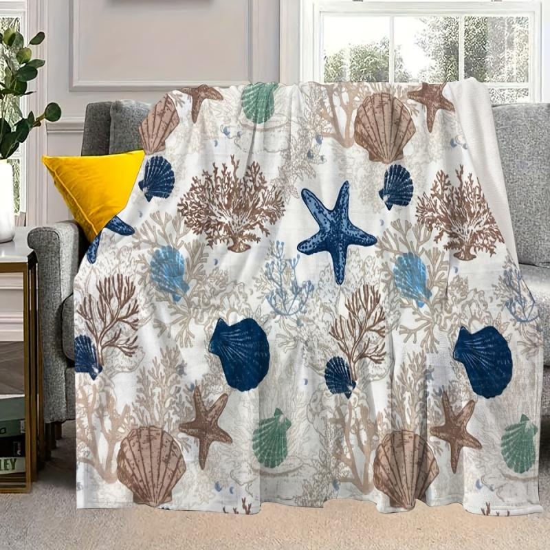 Coastal Starfish Seashell Coral Ocean Nautical Flannel Throw Blanket, Beach Marine Life Washable Blanket for Living Room Sofa
