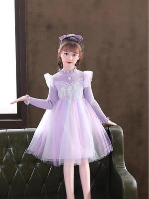 Girls' Fleece-Lined Sequin Princess Dress with Lettuce Edge High Neck