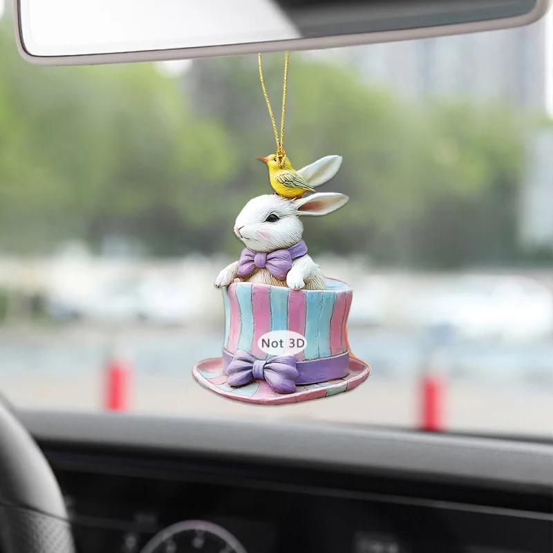 Easter Cute Bunny Acrylic 2D Pendant Keychain Car Rear View Mirror Accessory Backpack Small Pendant Porch Decoration Crafts