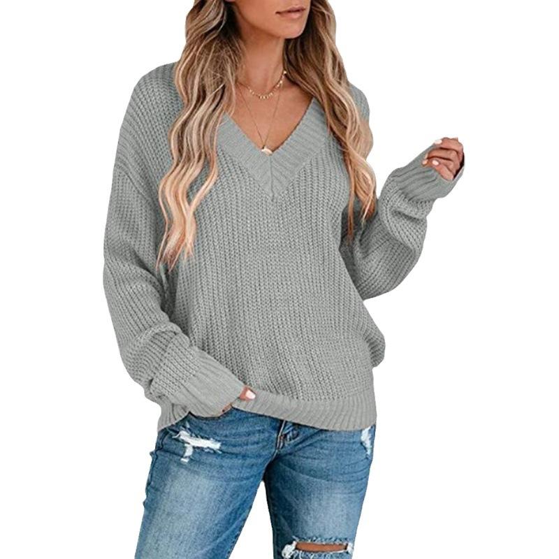 Casual Solid Knit Sweater Ladies V Neck Crew Neck Warm Daily Long Sleeve Blouse