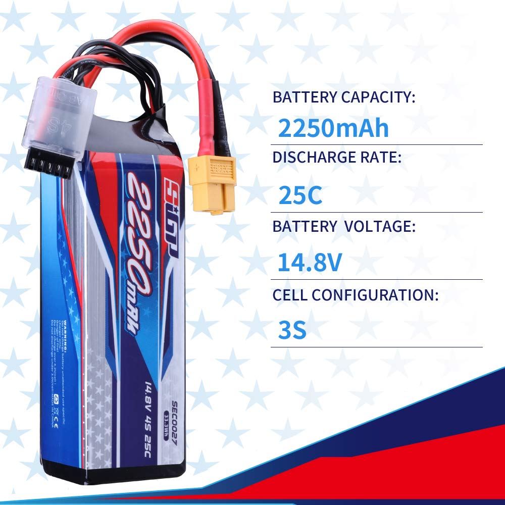 SIGP 4S 14.8V RC LiPo 25C 2250mAh with XT60 Plug for RC Airplanes, Quadcopter, Helicopter Drones, FPV Racing, and Hobbies