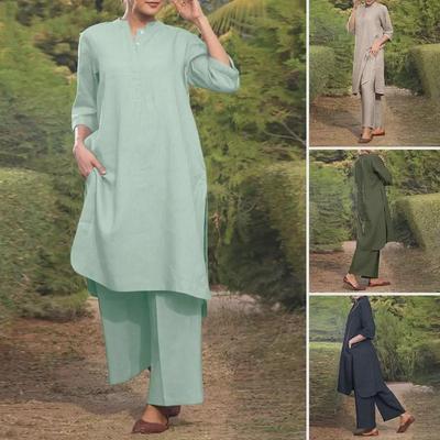 Fashionable Cotton Linen Long Sleeve Casual Drawstring Pants Set