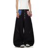 Unisex Relaxed Fit Denim Jeans With Deconstructed Flag Print Contrast Stitching Button Fly Mid-Rise Straight Cut