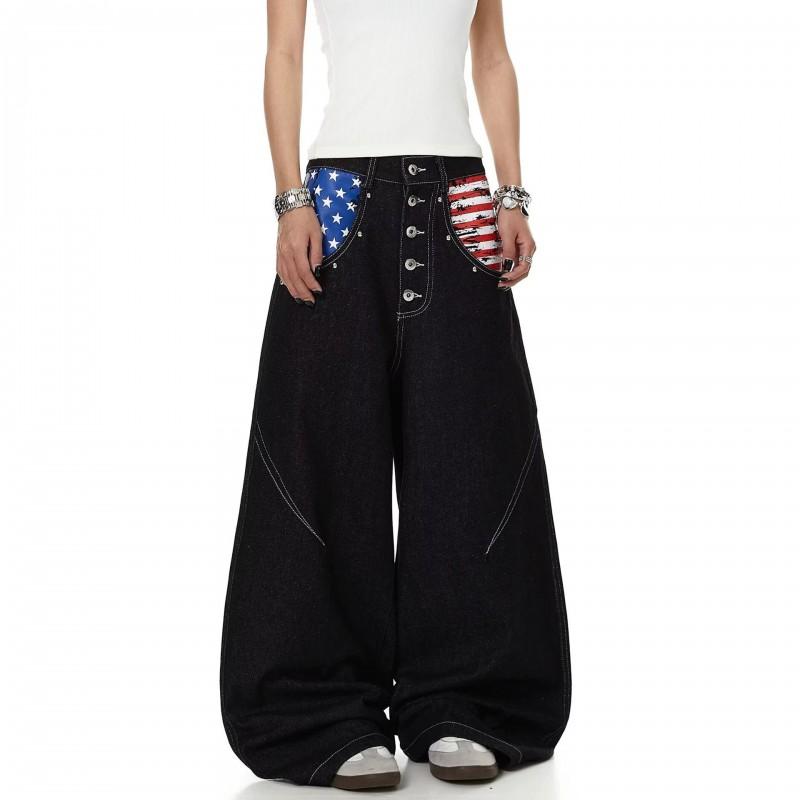 Unisex Relaxed Fit Denim Jeans With Deconstructed Flag Print Contrast Stitching Button Fly Mid-Rise Straight Cut