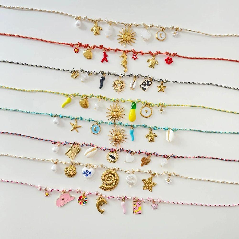 Pearl Accent DIY Knotting Rope Chain Colorful Turtle Pendant Necklace Gold-Plated Necklace Summer