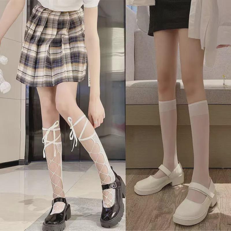 Summer Pattern Sexy Black Silk Calf Socks - Trendy, Slim, Hollow Tube Design for Girls