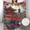 Vibrant Japanese Garden Landscape with Red Pagoda Autumn Leaves Pattern Flannel Small Blanket Soft Warm Blanket, Suitable for Sofa Blanket, Home Leisu