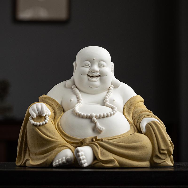 Ručně vyráběná keramická figurka Buddhy Maitréji s velkým břichem: Šťastný smějící se Buddha pro bohatství a domácí dekoraci