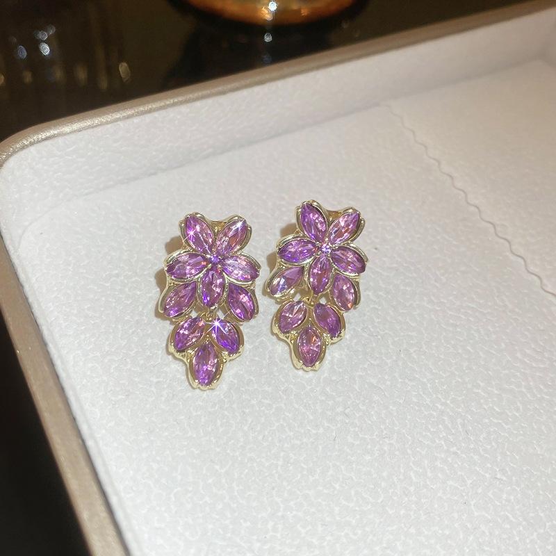 Super Flash Diamond Purple Flower Pearl Stud Earrings French Earrings