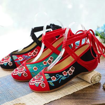 Spring and Autumn Beef Tendon Sole Contrasting Color Anklet Strap Low Heel Cloth Shoes, Ethnic Style Embroidered Women's Single Shoes