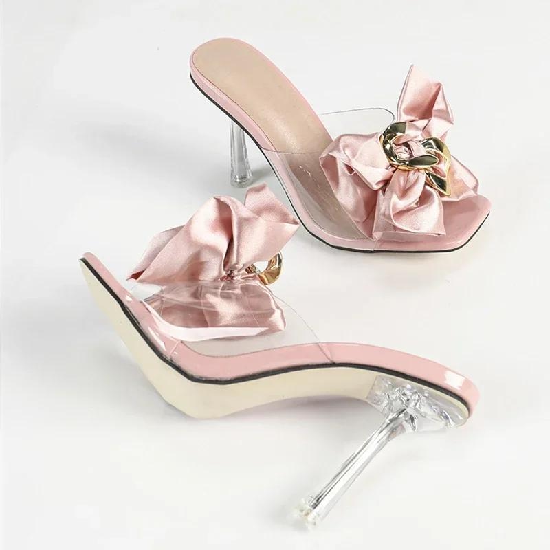 Fashion Fashion Pink Bow Women Slippers Transparent PVC High Heeled Sandals Luxury Banquet Dress Shoes 34-46 Large Size Women's Shoes