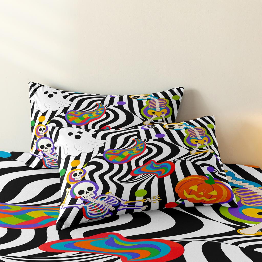 3 Pieces Rainbow Skeleton Halloween Print Duvet Cover Set, Black White Wavy Stripe Pumpkin Ghost Colorful Swirl Printed Bedding