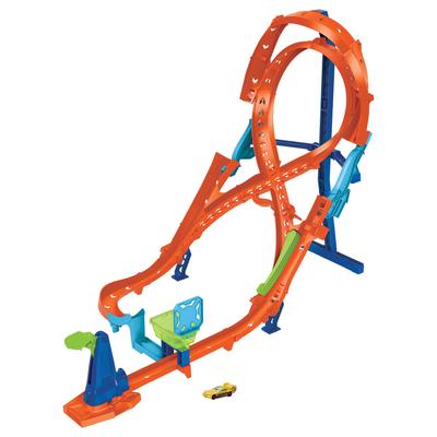 Hot Wheels Vehículo de juguete de ocho saltos con circuito doble y 1 minicoche para niños de 5 años en adelante, color naranja HMB15
