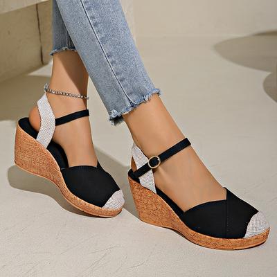 Cloth Wedge Heel Sandals Women Mix Color High Heels Gladiator Sandalias De Mujer 2024 Summer Closed Toe Ankle Buckle Sandals