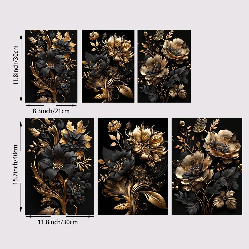 3 pezzi Poster Moderno Nordico con Fiori Elegante Arte da Parete per Soggiorno Decorazione Casa Nero Oro Pittura su Tela Decorazione Poster Arte da Parete