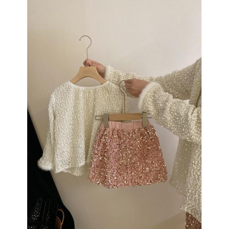 Girls' Spring Personalized Sequined Set Autumn Beaded Cuff Blouse + Skirt Two-Piece Set
