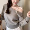 Core-spun yarn, Korean gray one-word shoulder lace-up long-sleeved knitted sweater for women, slim waist and exposed shoulders