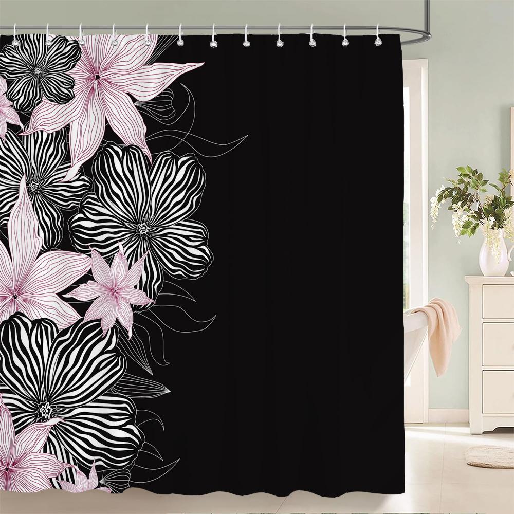 1 Pcs Shower Curtain Flowers Plants Black Printed Bathroom Curtain Polyester Cloth Waterproof Home Decoration Curtain with Hook