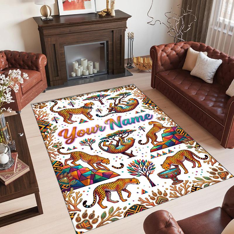 Leopard Theme Crystal Velvet Floor Rug Personalized Custom Name Text Warm Carpet Home Decoration