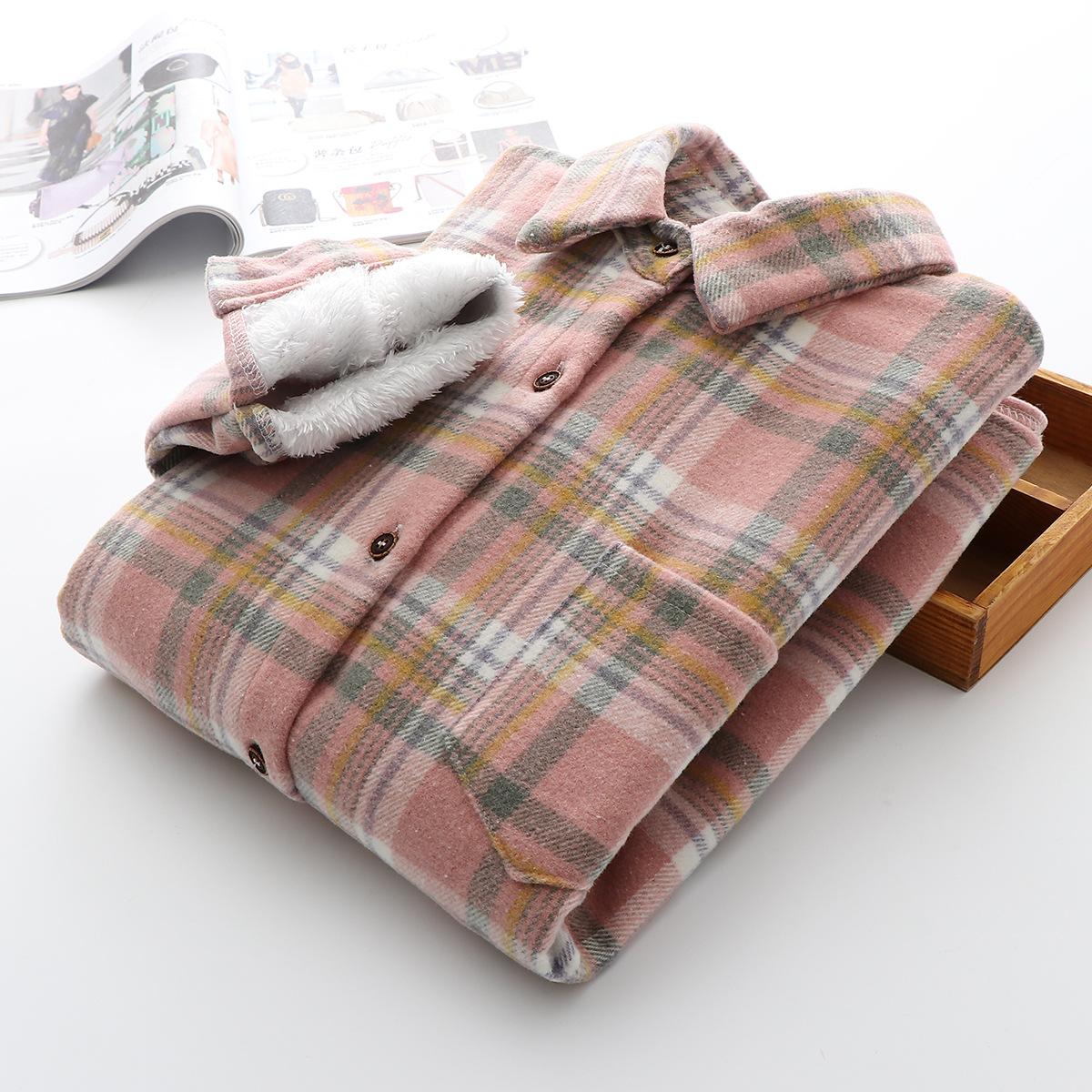 

Толстая клетчатая рубашка женская осень-зима плюс бархатная начесаная свободная корейская ретро-ленивая теплая шерстяная куртка M