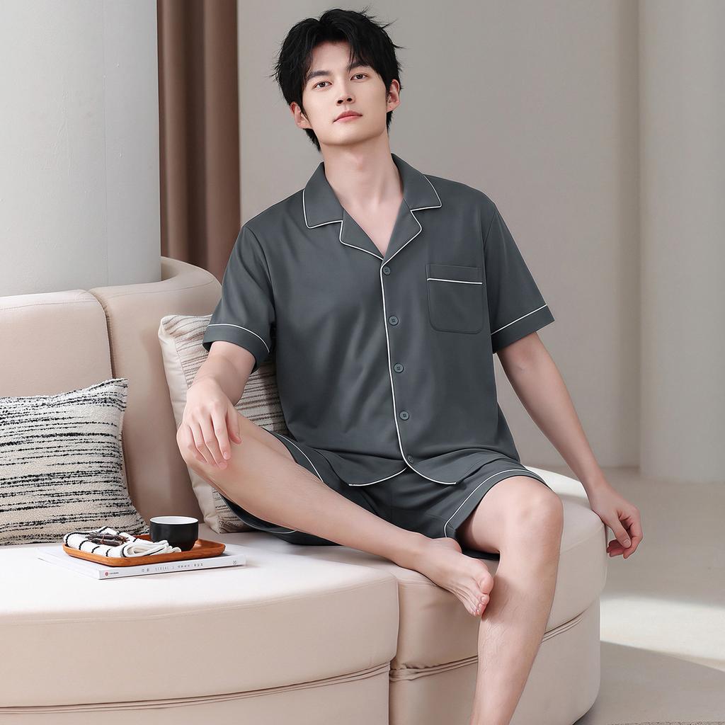 Summer men's pure cotton pajamas short-sleeved five-point pants loungewear men's summer thin plus size suit