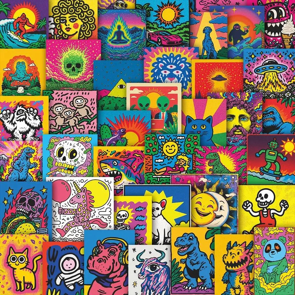 50Pcs Psychedelic Cartoon Color Aesthetics Graffiti Stickers Decoration Luggage Phone Guitar Scrapbook Cup Car Classic Kid Toys