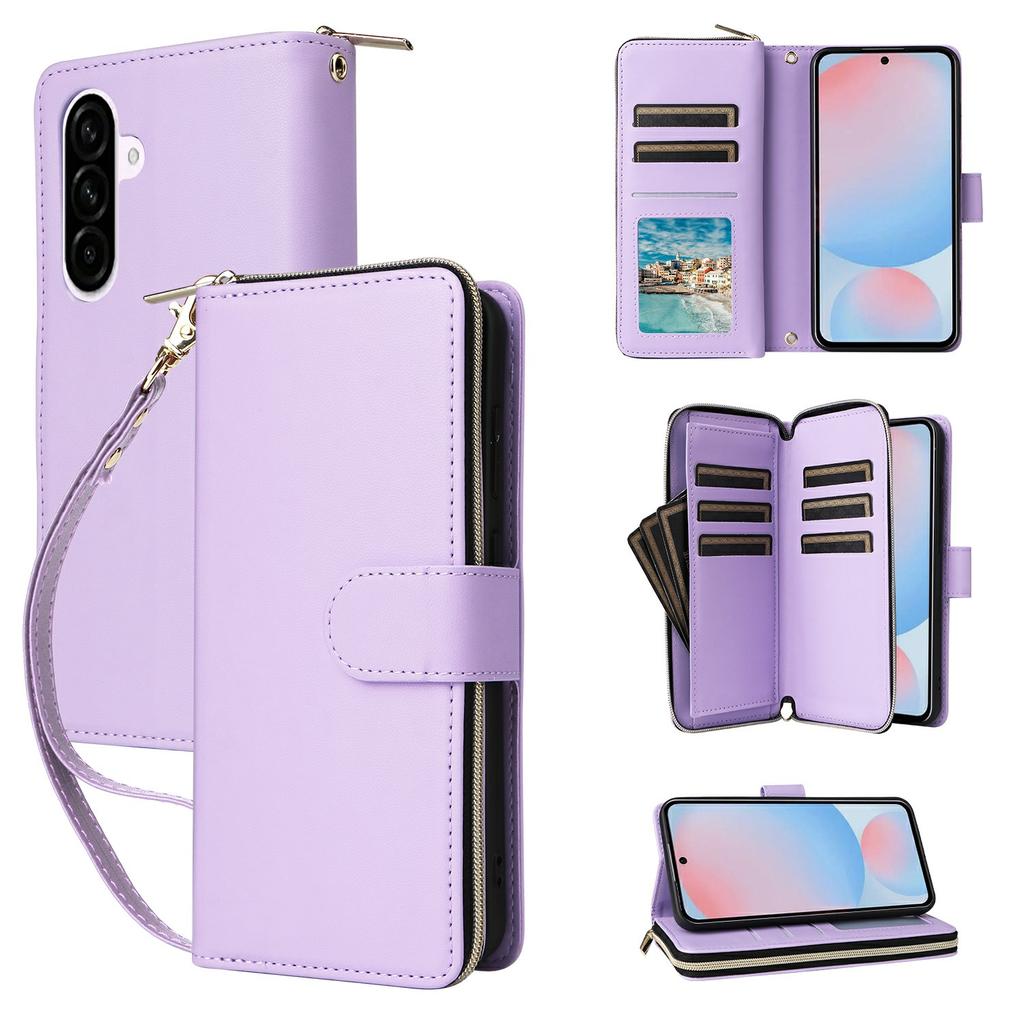 For Samsung Galaxy A57 5G Case 9 Card Slots Zipper Pocket PU Leather Phone Cover with Wrist Strap