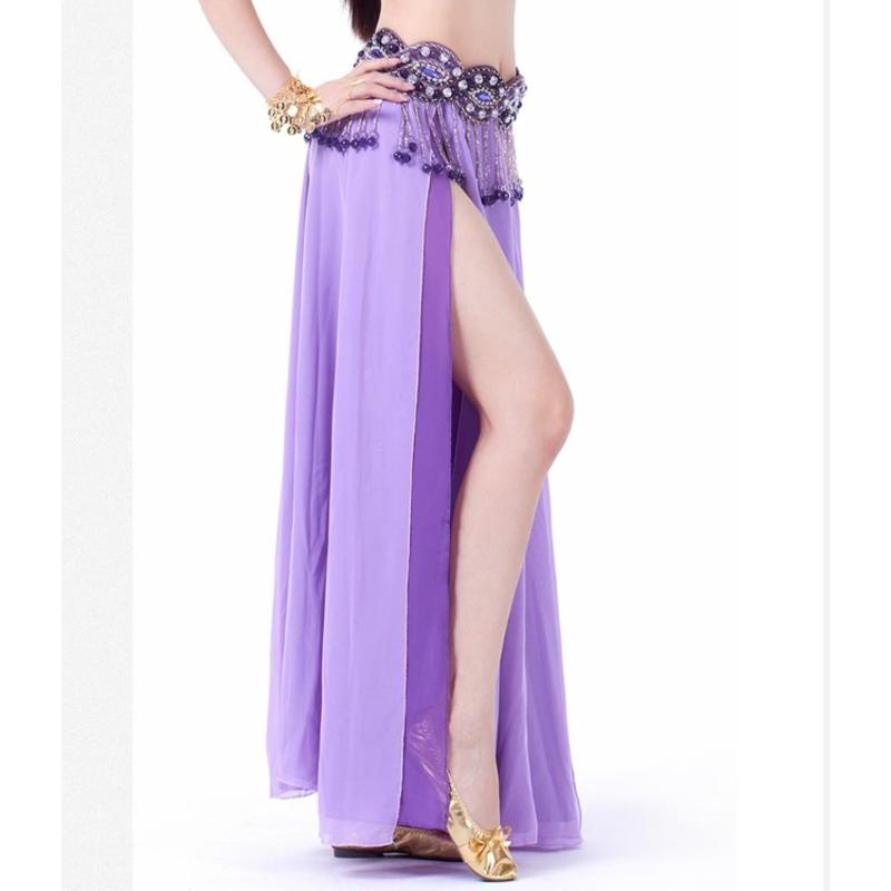 Belly Dance Skirt Double Slits Dance Training Dress Chiffon Long Skirt for Professional and Beginner