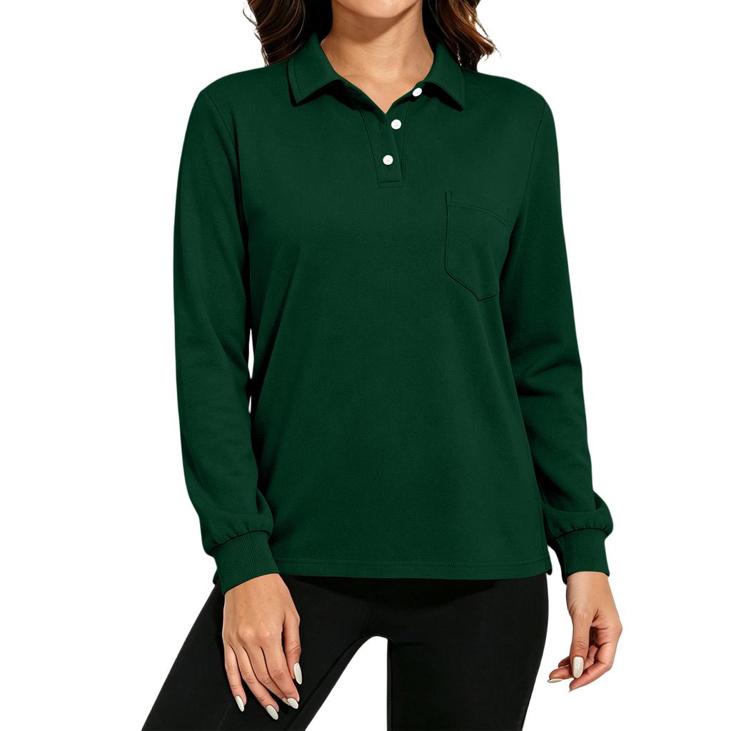 Women's Long Sleeve Button Down Color Blouse with Pockets and Side Slits Casual Collared Top